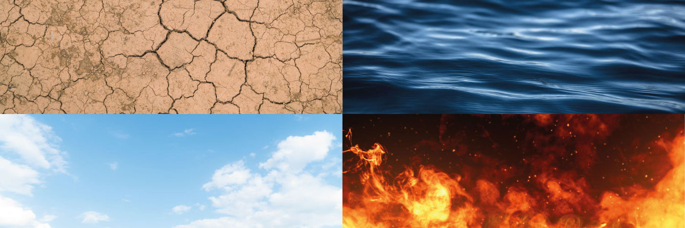 Vier Elemente: Wasser, Erde, Luft, Feuer